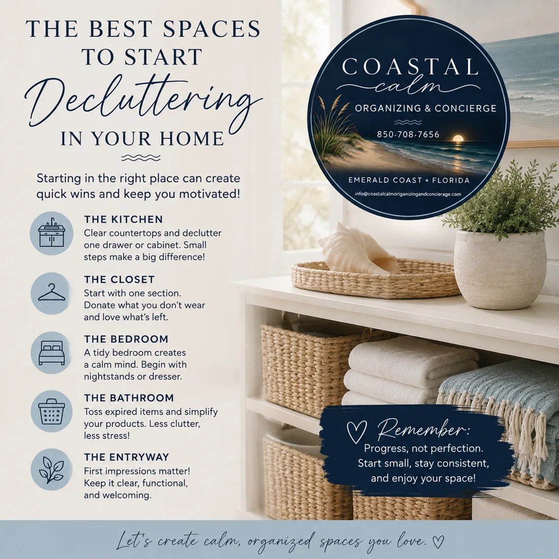 Coastal Calm guide: start decluttering in the kitchen, closet, bedroom, bathroom, or entryway. Progress, not perfection.